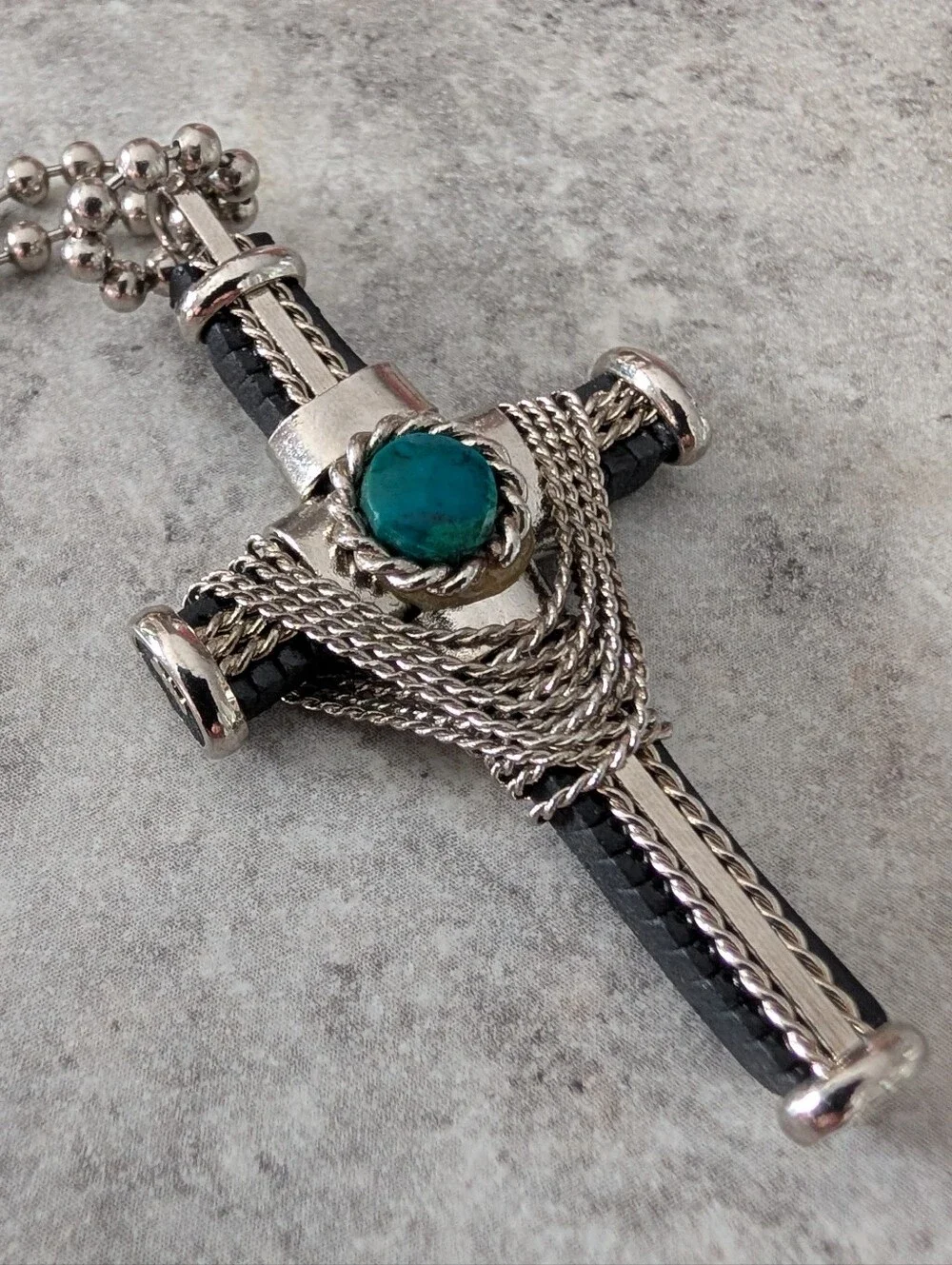 Silver-Tone Men's Cross Pendant Necklace with Teal Stone